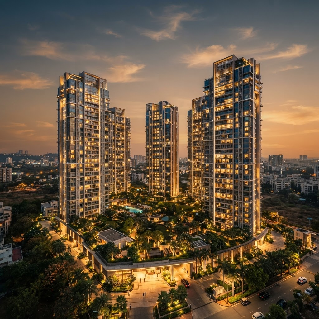 Luxury residential towers in Pune at golden hour